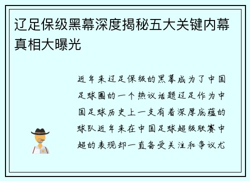 辽足保级黑幕深度揭秘五大关键内幕真相大曝光