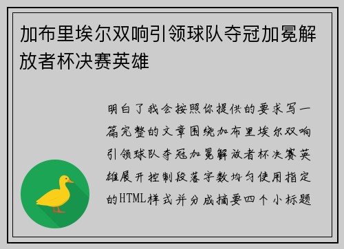 加布里埃尔双响引领球队夺冠加冕解放者杯决赛英雄